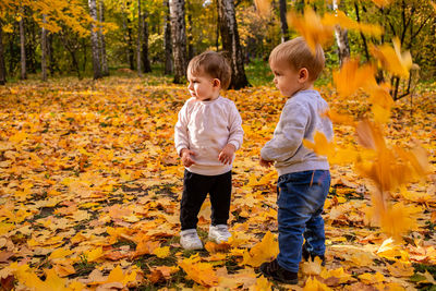 Full length of boy on yellow leaves during autumn