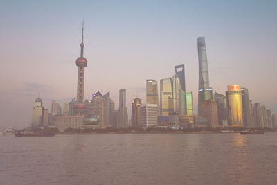 River with skyscrapers in background