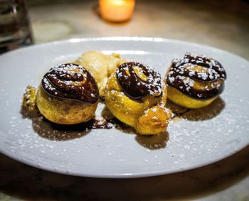 Close-up of dessert served on table
