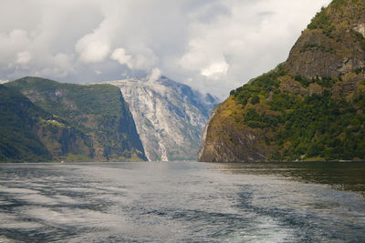 Scenic view of sea and mountains against sky