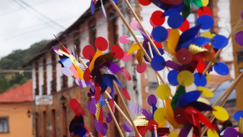 Low angle view of multi colored umbrellas