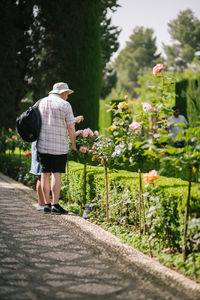 Couple photographing while standing on footpath in garden