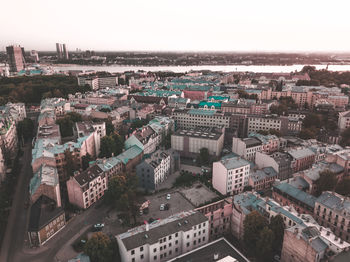 High angle shot of townscape against clear sky