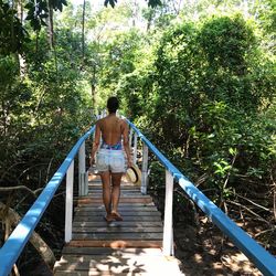 Rear view of woman walking on footbridge in forest