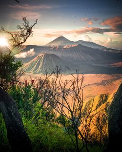 Scenic view of mountains against sky during sunset