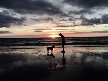 Silhouette man and dog standing on beach against sky during sunset