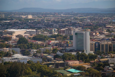 High angle view of buildings in city