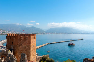 Close up photo of the red tower in the background of the sea, which is known as kyzyl kule in alanya