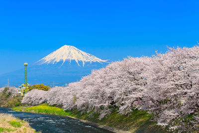 Mount fuji against clear blue sky