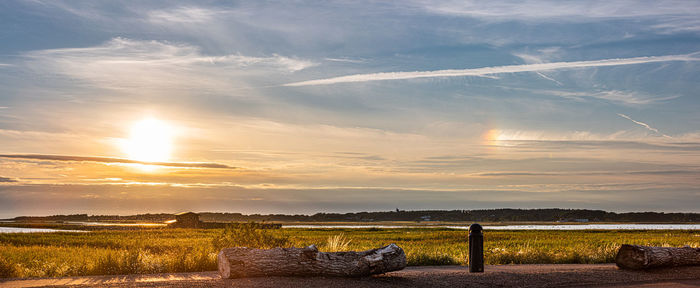 Scenic view of field against sky during sunset