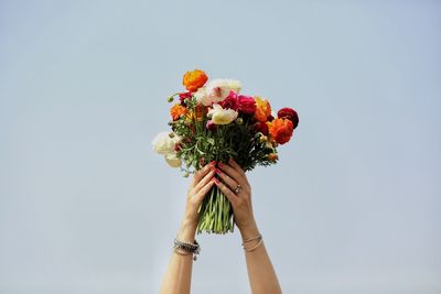 Cropped hands holding bunch of flowers against sky