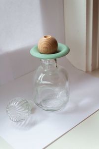 High angle view of eggs in glass on table