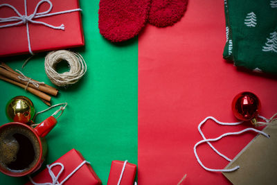 High angle view of christmas decoration on table