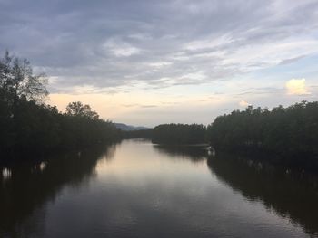 Scenic view of calm lake against cloudy sky