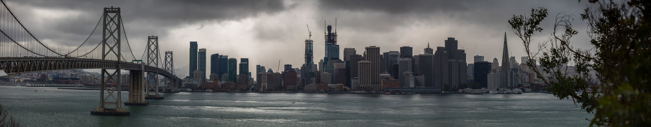 Panoramic view of city against cloudy sky