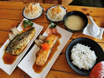 High angle view of sushi served on table