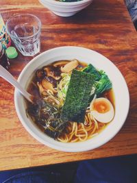 High angle view of soup in bowl on table