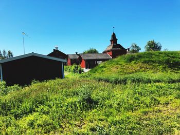 Plants growing on field by building against clear sky