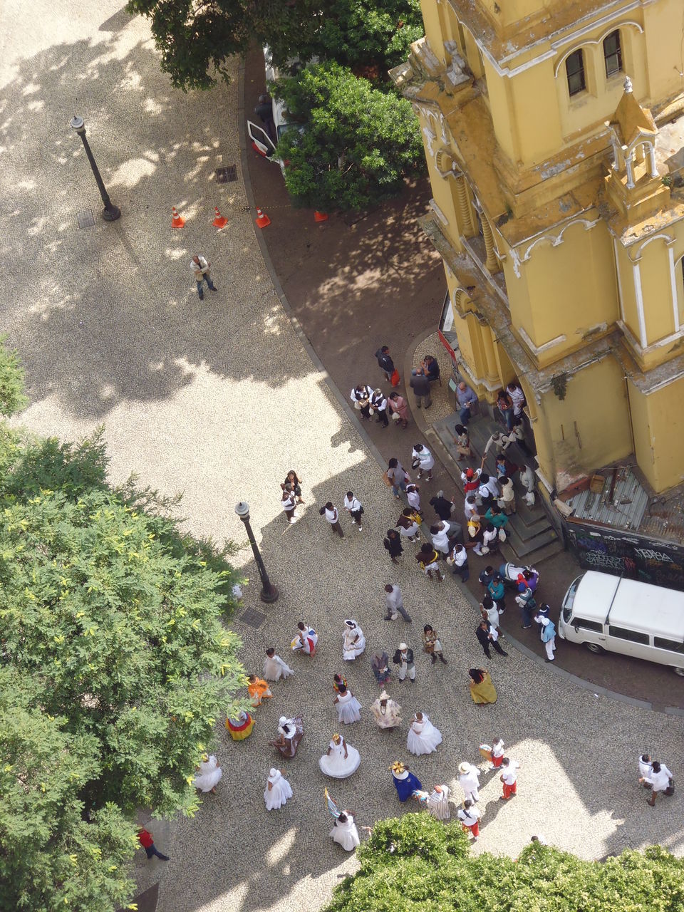 HIGH ANGLE VIEW OF PEOPLE IN ROAD