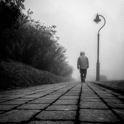 Rear view of man walking on road