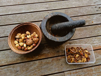 High angle view of various food on table