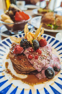 Close-up of dessert served on table