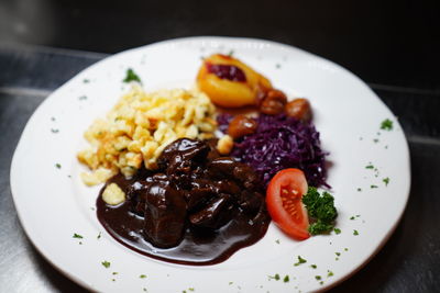 High angle view of breakfast served in plate