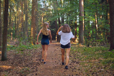 Rear view of women walking in forest