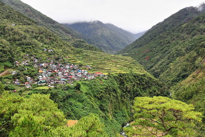 0199 village and rice terraces-cliff over talubin river valley-bay yo barangay. bontoc-mountain-ph.