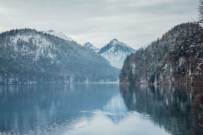 Scenic view of lake by snowcapped mountains against sky