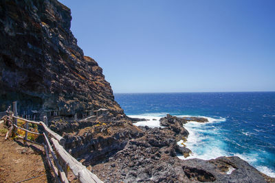 Scenic view of sea against clear blue sky