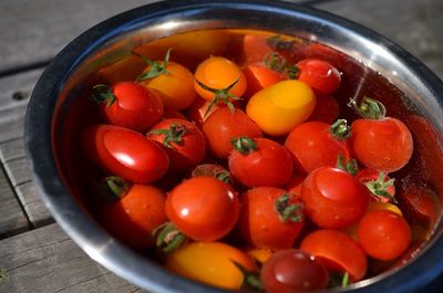 High angle view of tomatoes in bowl