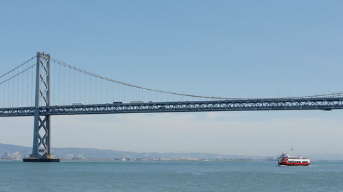 View of suspension bridge over sea against clear sky