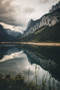 Scenic view of lake and mountains against sky