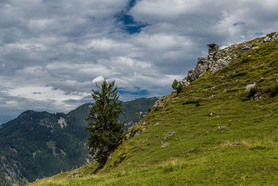 Scenic view of mountains against cloudy sky