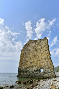 Low angle view of rock formation in sea against sky