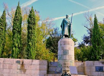 Low angle view of statue against trees