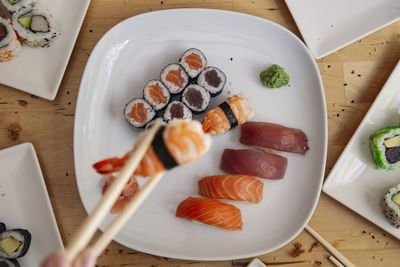 High angle view of food in plate on table