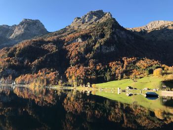 Scenic view of lake and mountains against clear sky