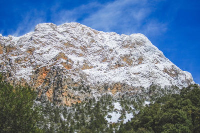 Low angle view of snowcapped mountain against sky