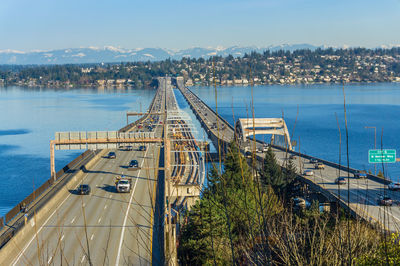 Looking at seattle floating bridges form a viewpoint above.