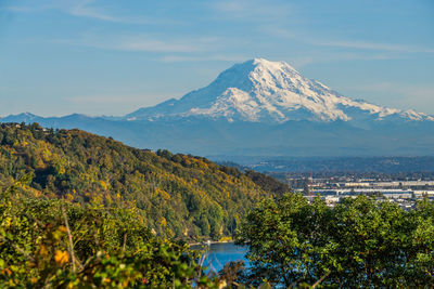 A view of mount rainier and the port of tacoma.
