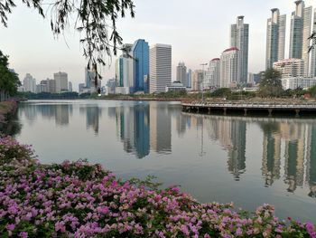 View of city buildings by trees against sky