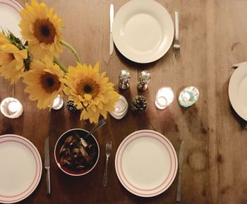 High angle view of breakfast on table