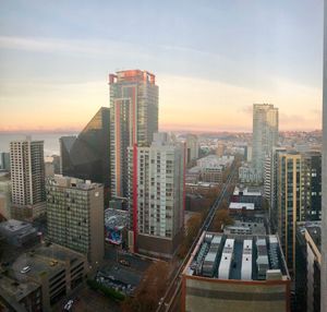 High angle view of buildings against sky during sunset