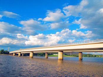 Bridge over river against cloudy sky