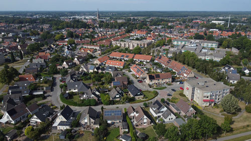 High angle view of small town cityscape