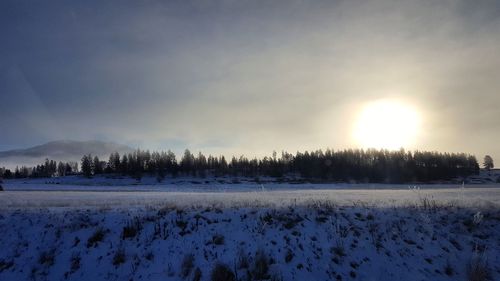 Snow covered field against sky during winter