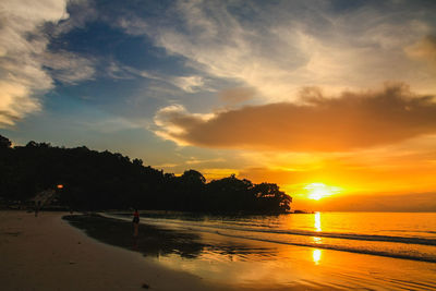 Scenic view of beach against sky during sunset