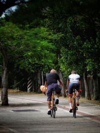 Rear view of men riding bicycle on road against trees